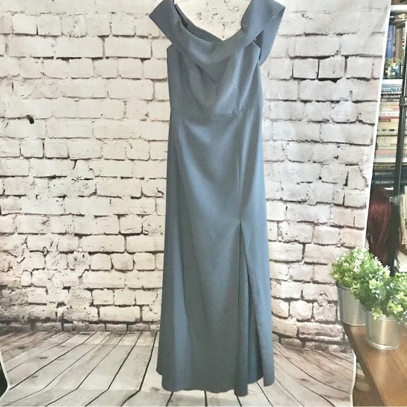 DESSY COLLECTION Silver Stone Blue off shoulder full length dress Size 16 NWT - Picture 11 of 15